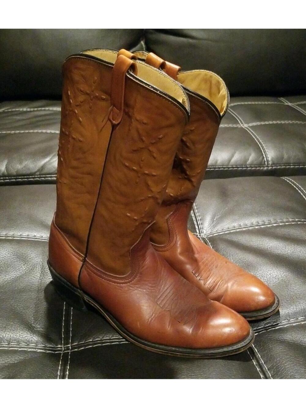 Vintage Mens 11D Leather Cowboy Boots Acme Tan Brown Western Retro Very Good USA